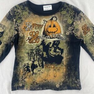 Cactus Bay "Happy Halloween" Graphic Long Sleeve Top - Black/Orange